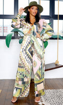 Anastasia | Geometric Print Satin Jumpuit Set - Olive Multi FINAL SALE - Cutely Covered