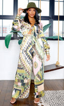 Anastasia | Geometric Print Satin Jumpuit Set - Olive Multi FINAL SALE - Cutely Covered