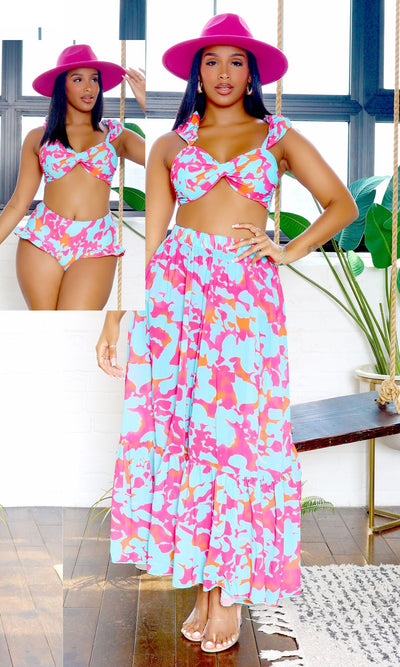 Avery | Ruffle Bikini & Skirt Cover-Up Set - Pink Blue - PREORDER