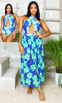 Halter Hussy | One Piece Monokini Skirt Set Blue/Green PREORDER - Cutely Covered