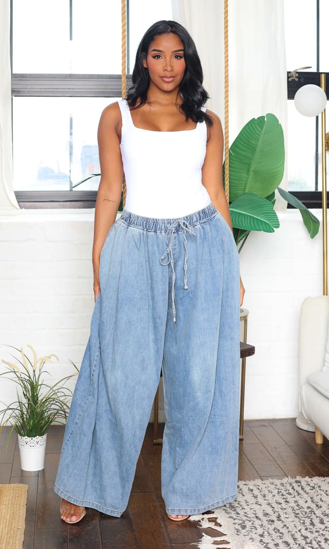 Mandy | Drawstring Wide-Leg Pants - Blue Denim M4 - Cutely Covered