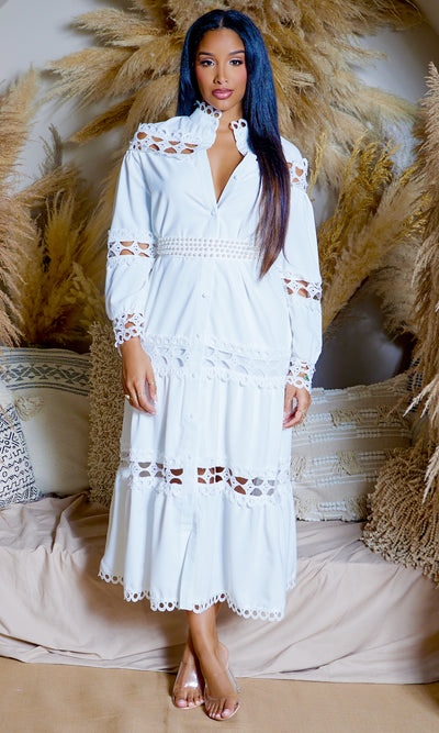 Divine Pearl Belt Embroidery Dress - White