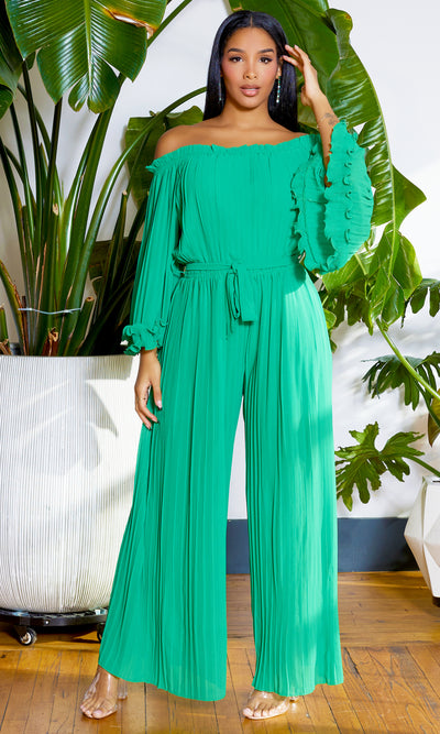 Off The Shoulder Pleated Chiffon Jumpsuit  - Green FINAL SALE