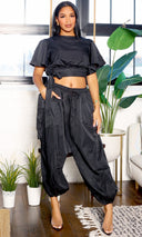 Sophia | Short Sleeve Crop Top and Wide Pants Set - Black