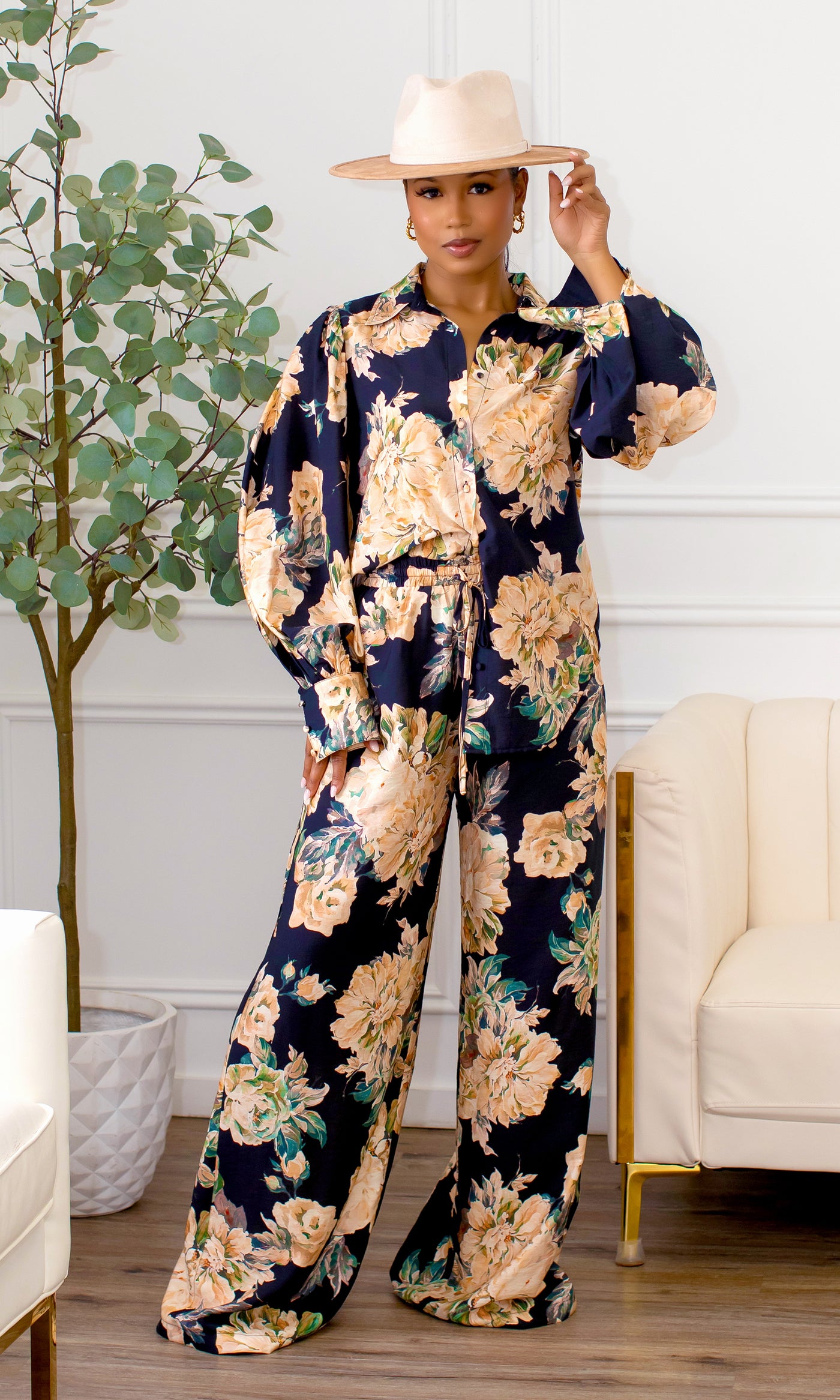 Everlee Floral Silk Button Down Pants Set - Ivory Multi E5 FINAL SALE