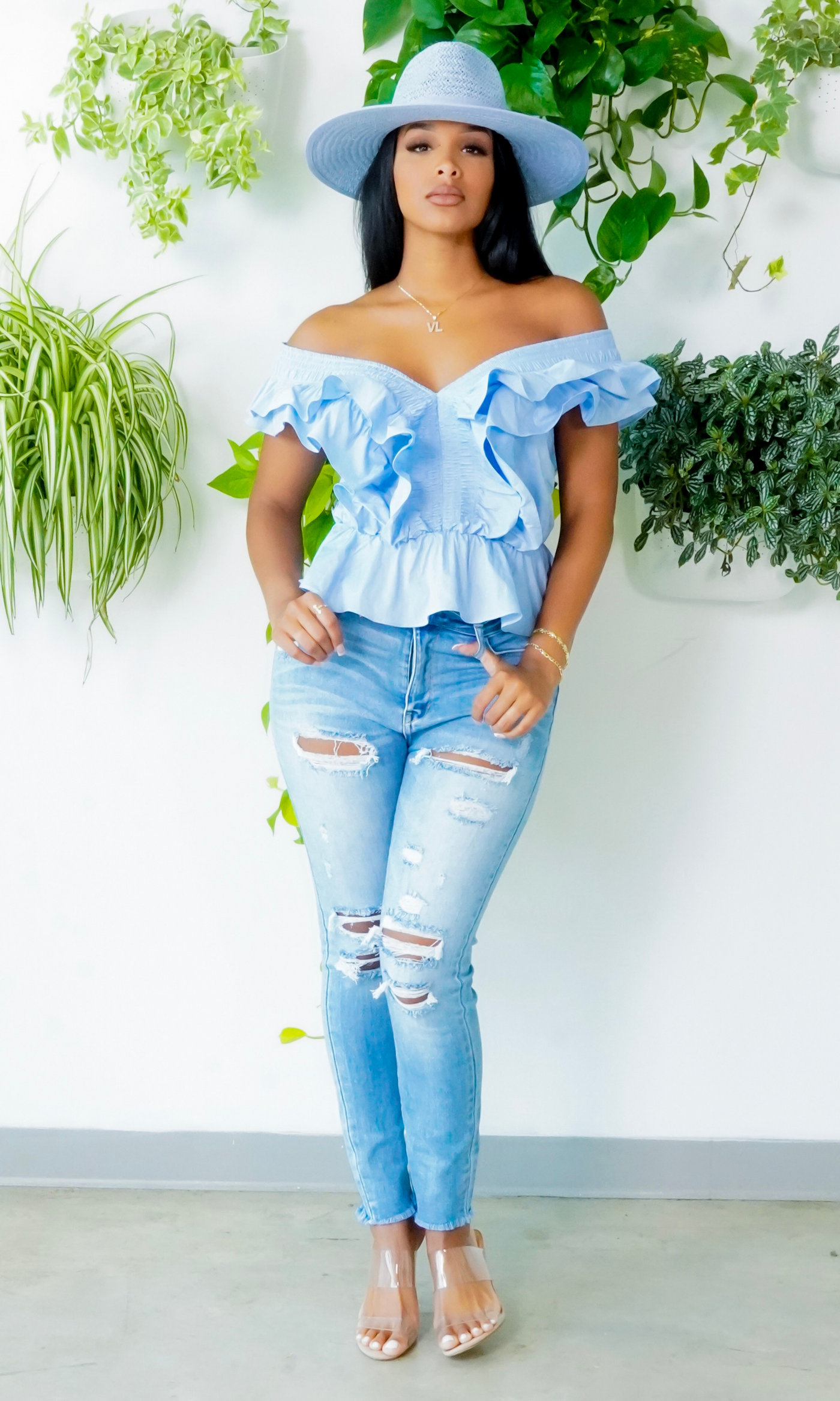 Chambray Blue off the Shoulder Top FINAL SALE