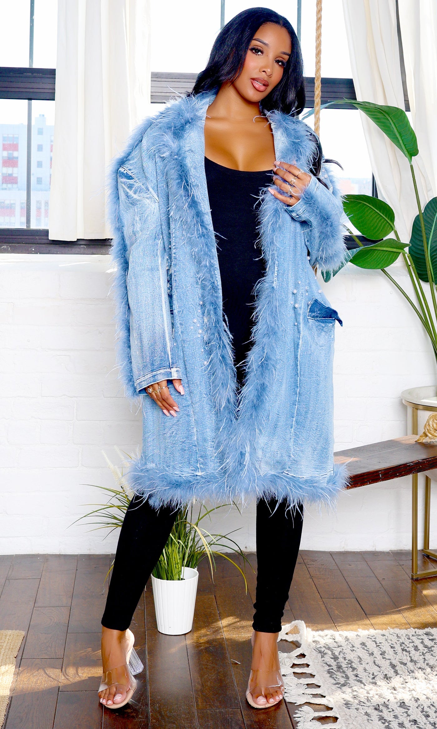 Ayla | Fur Trim Long Denim Jacket PREORDER Ships End October