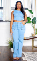 Margaret | Cropped Top and Tailored Pants Set - Light Blue
