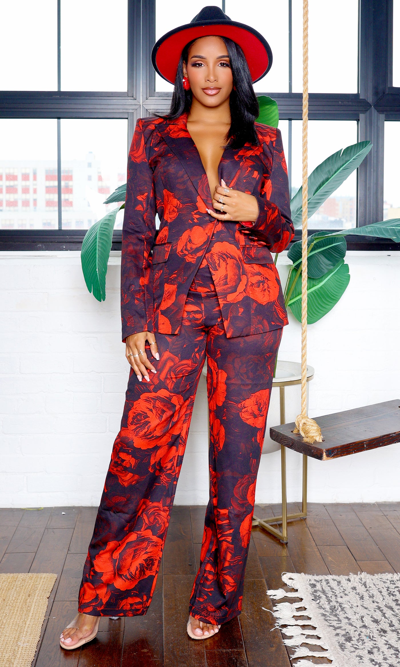 Peyton | Bold Red Rose Pants Suit