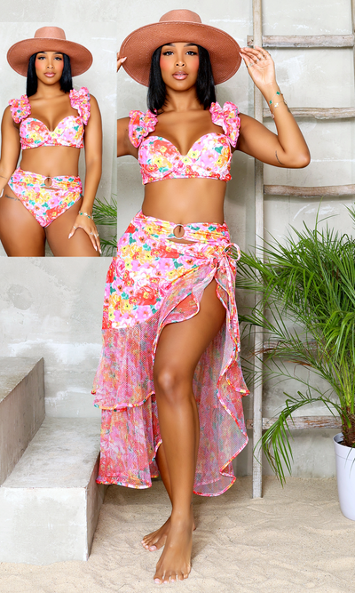 Ruffle Me Pretty | Two Piece Swimsuit Skirt Set - Floral Print PREORDER Ships MID JULY