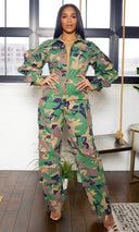 Long Wave Sleeve Cargo Jumpsuit - Camo
