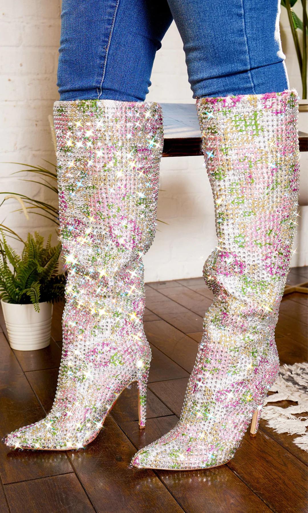Floral Bling Point Toe  Boots  FINAL SALE