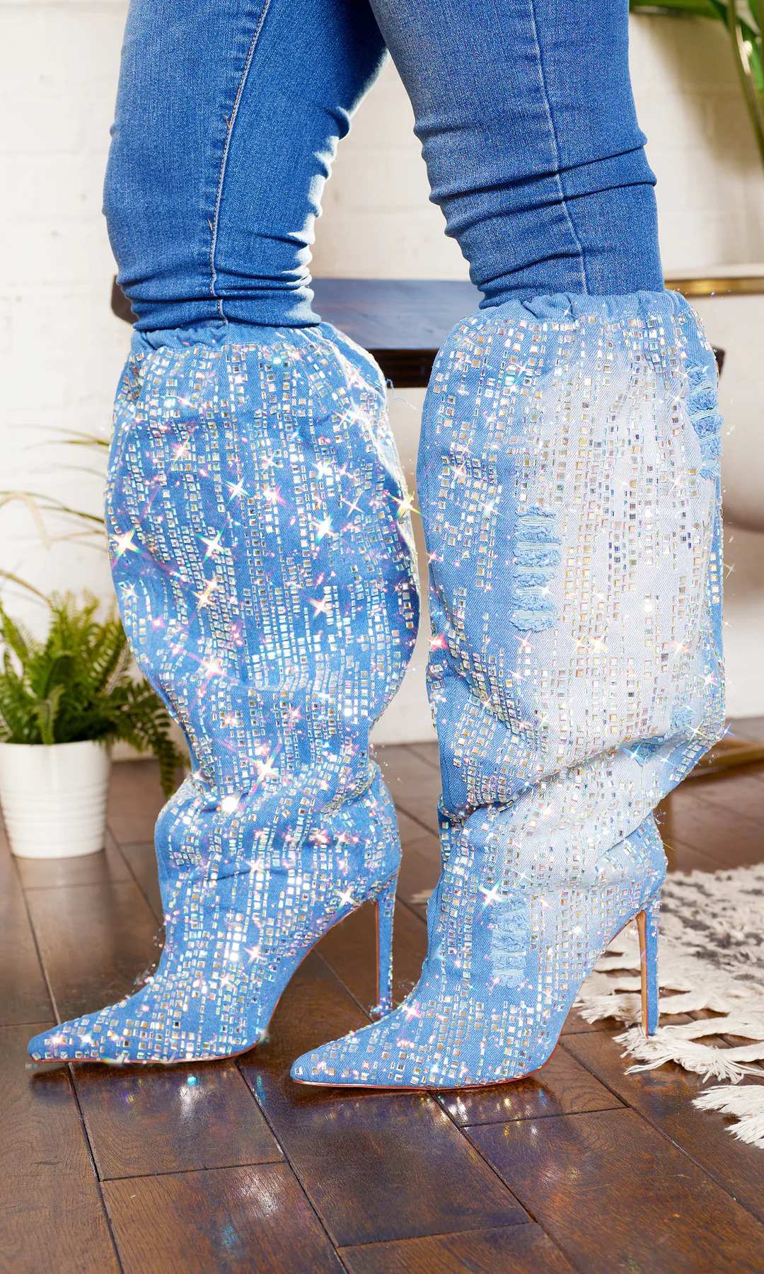 Denim Abstract Bling Point Toe  Boots FINAL SALE