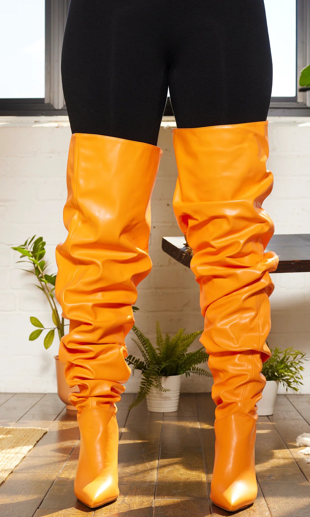Orange Faux Leather Runched Boots