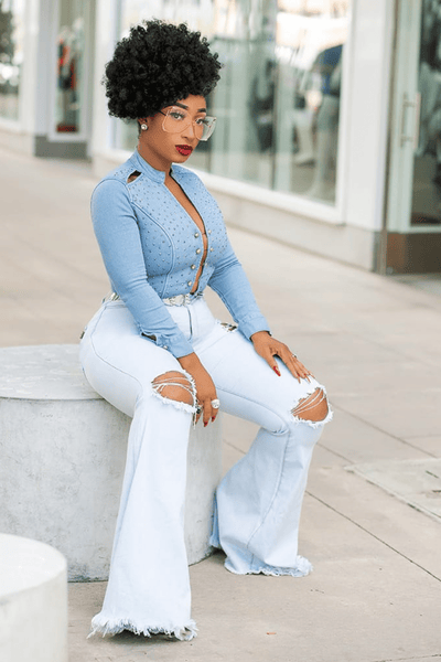 Curve Hugger | Light Blue Bell Bottom Jeans - Cutely Covered