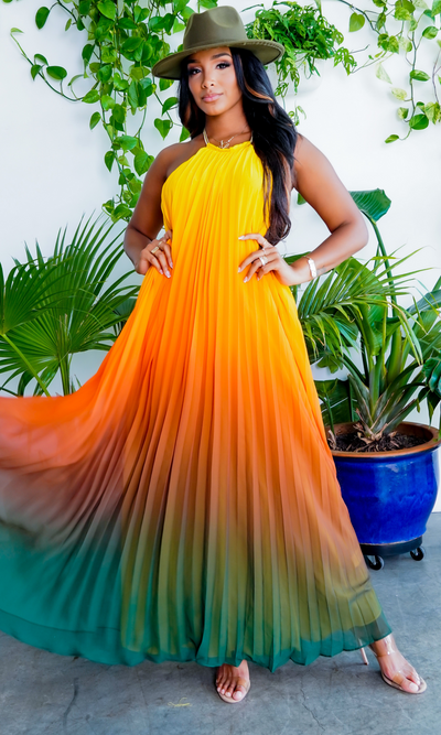 Ombre Sunset Pleated Halter Dress | Maxi Dress - Cutely Covered