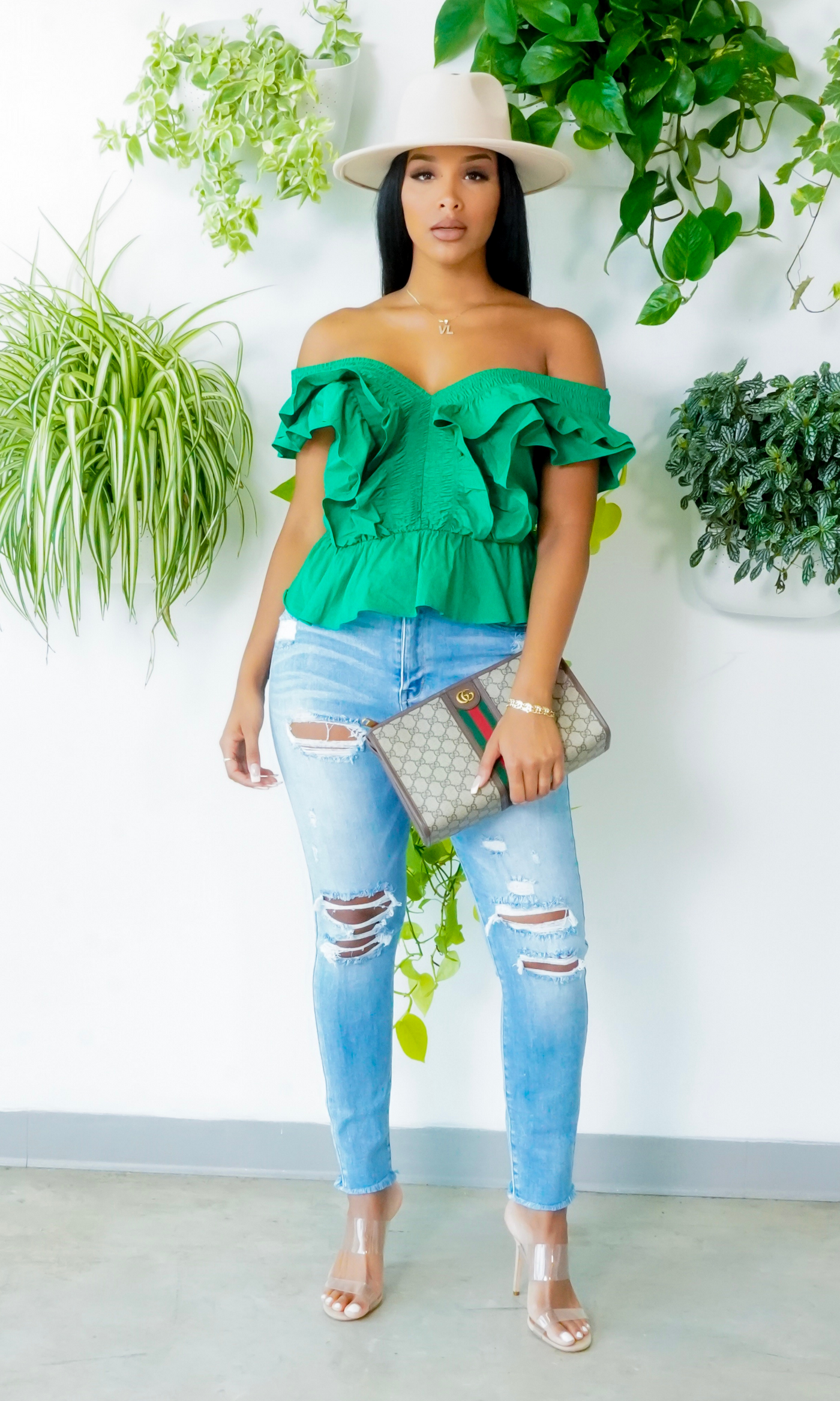 Emerald Green off the shoulder top - Cutely Covered