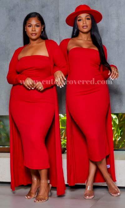 Slay Bae | Cardigan Dress Set - Red (3/4 sleeve) PREORDER Ships June 30th - Cutely Covered