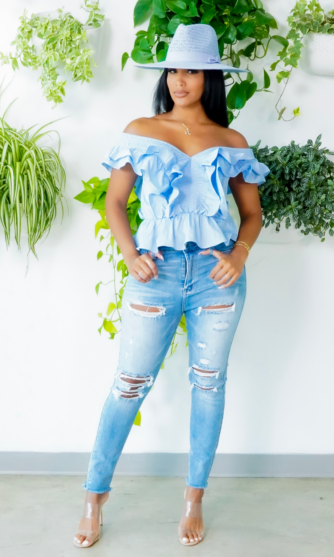 Blue off the shoulder top FINAL SALE - Cutely Covered
