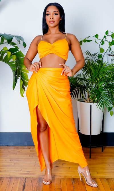 Flewed Out | Two Piece Satin Set - Orange - Cutely Covered