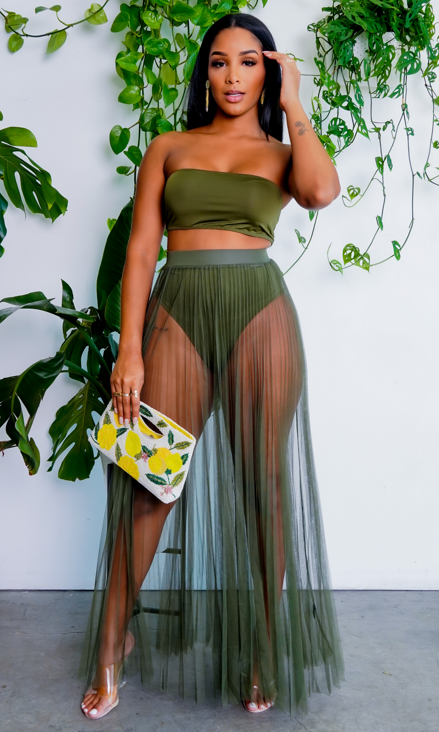 Fun In The Sun | Bandeau Bikini Skirt Set - Olive - Cutely Covered