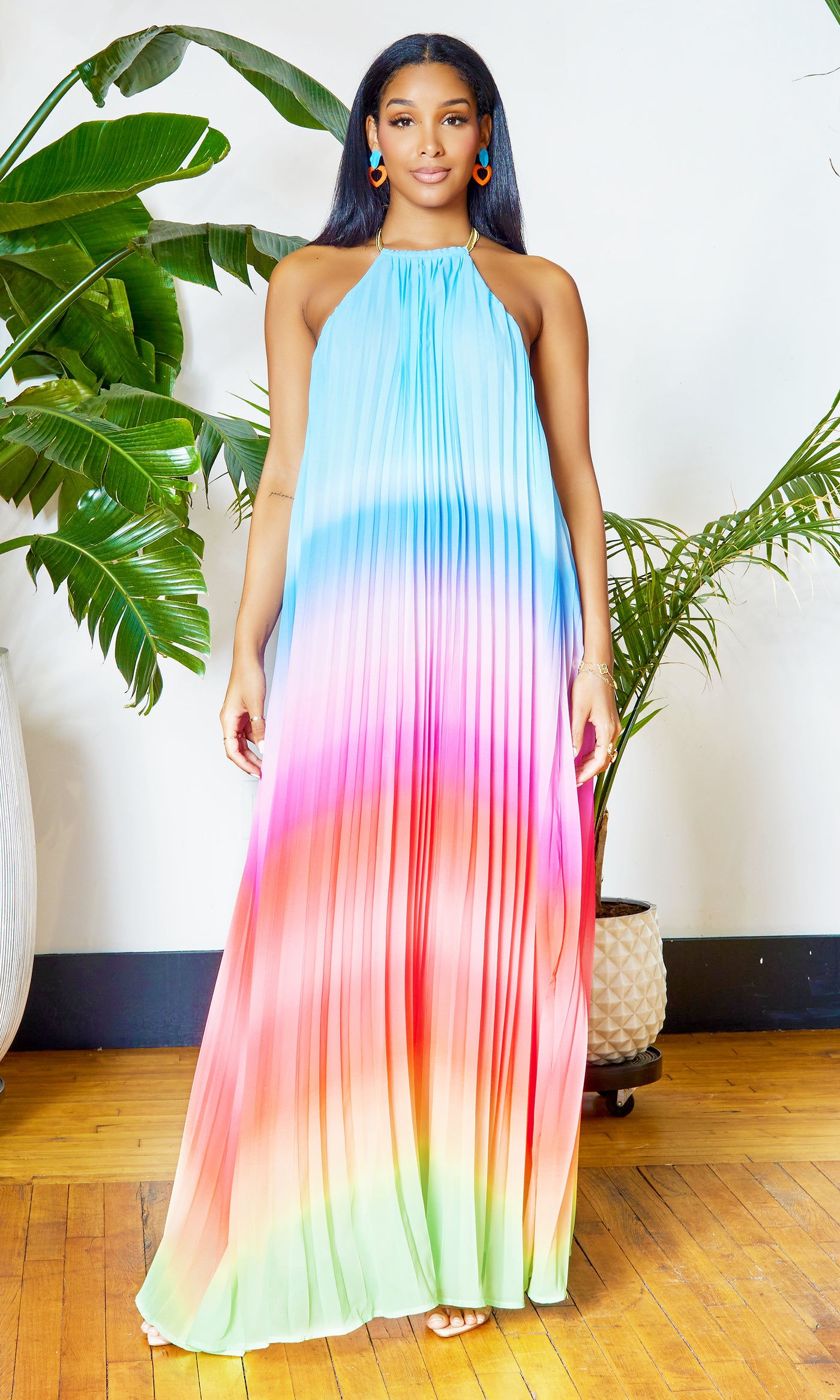 Ombre  Pleated Halter Dress | Maxi Dress - Blue - Cutely Covered
