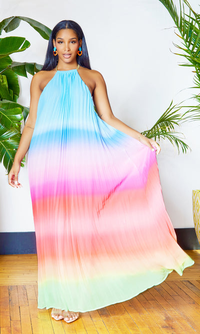 Ombre  Pleated Halter Dress | Maxi Dress - Blue - Cutely Covered