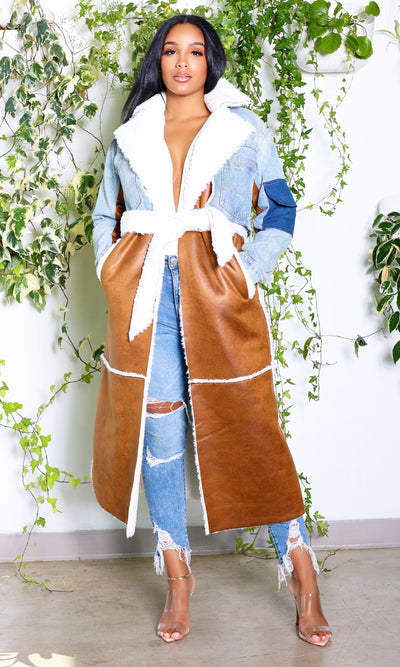 Mix It Up Faux Suede Denim Shearling Trench - Cutely Covered