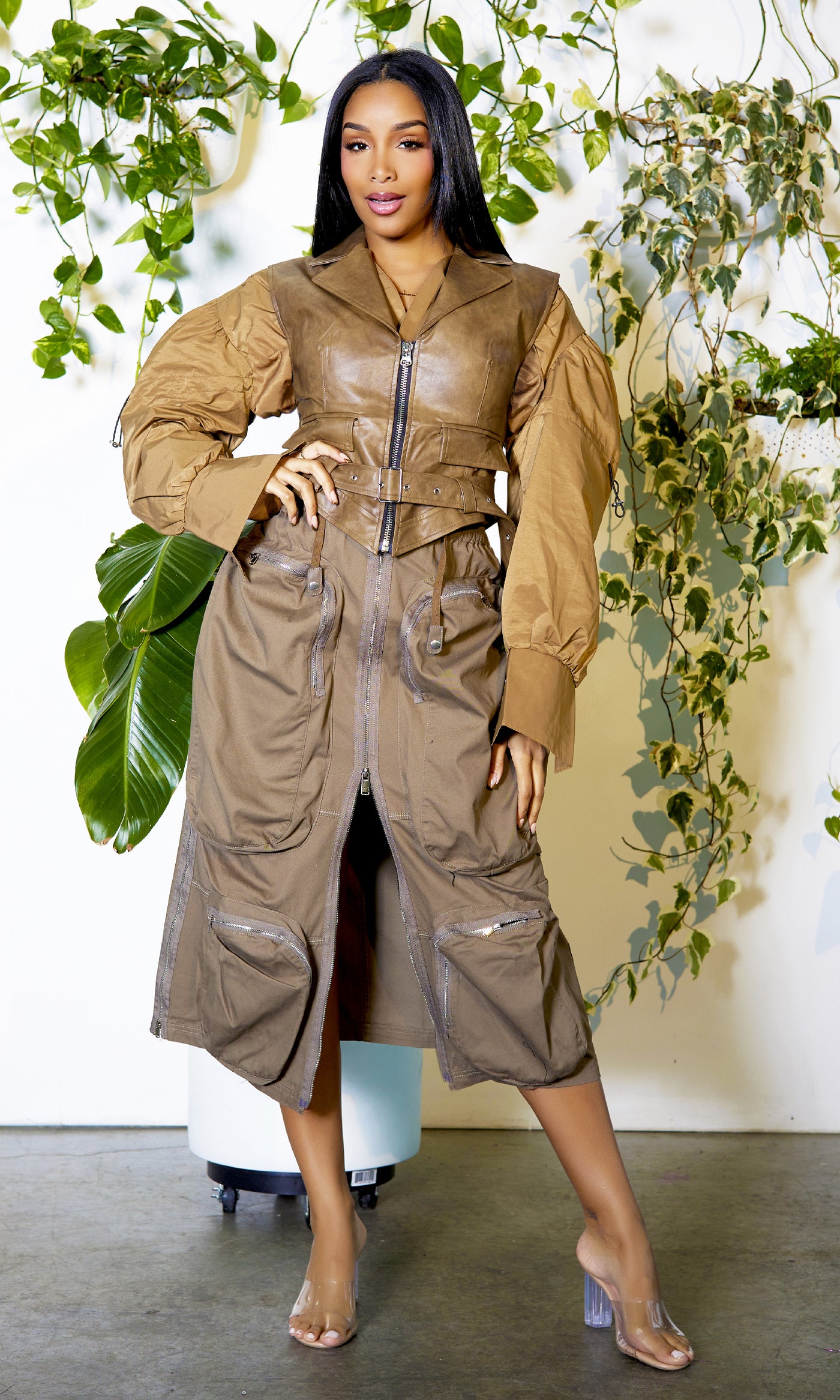 Fashion Killa | Long Sleeve Leather Vest Top - Khaki - Cutely Covered