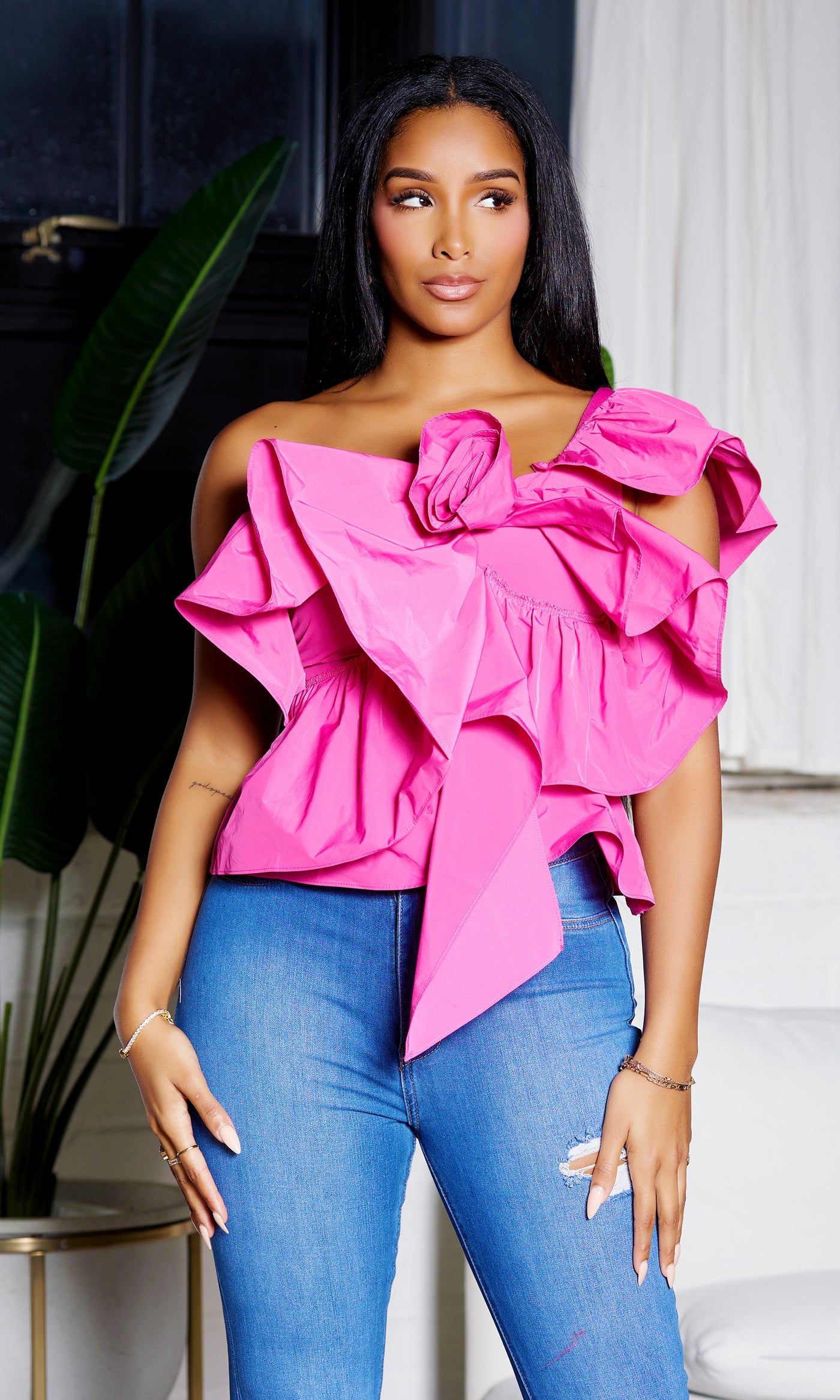 Ruffled One shoulder Top - Fuchsia - Cutely Covered