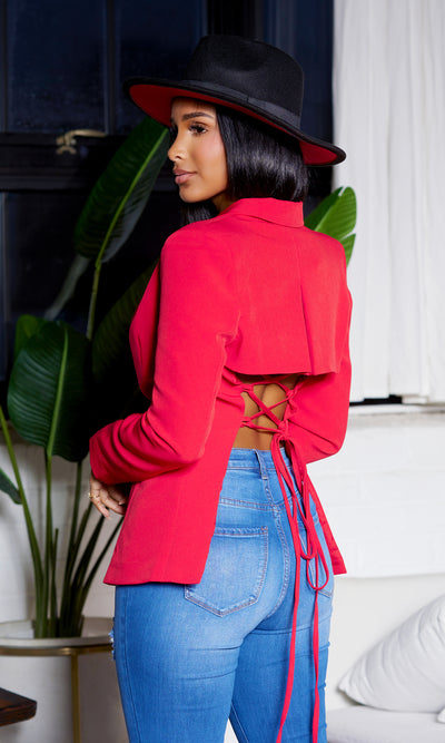 Fitted Lace Up Blazer - Red - Cutely Covered