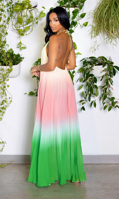 Ombre Pink Lime Pleated Halter Dress | Maxi Dress - Cutely Covered