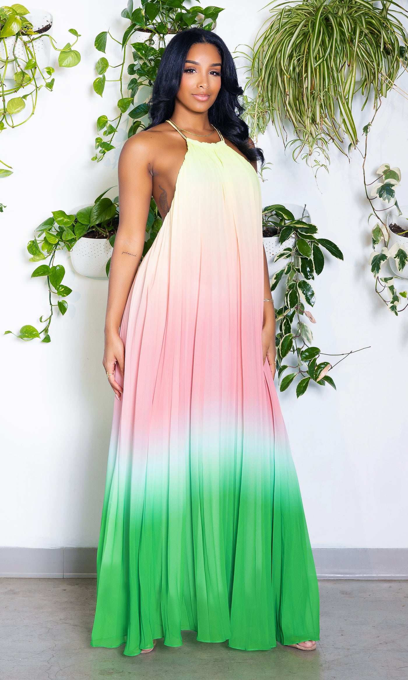 Ombre Pink Lime Pleated Halter Dress | Maxi Dress - Cutely Covered