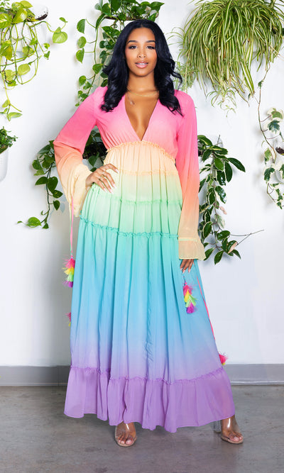 Alicia | Ruffle Ombre Maxi Dress  - Rainbow - Cutely Covered