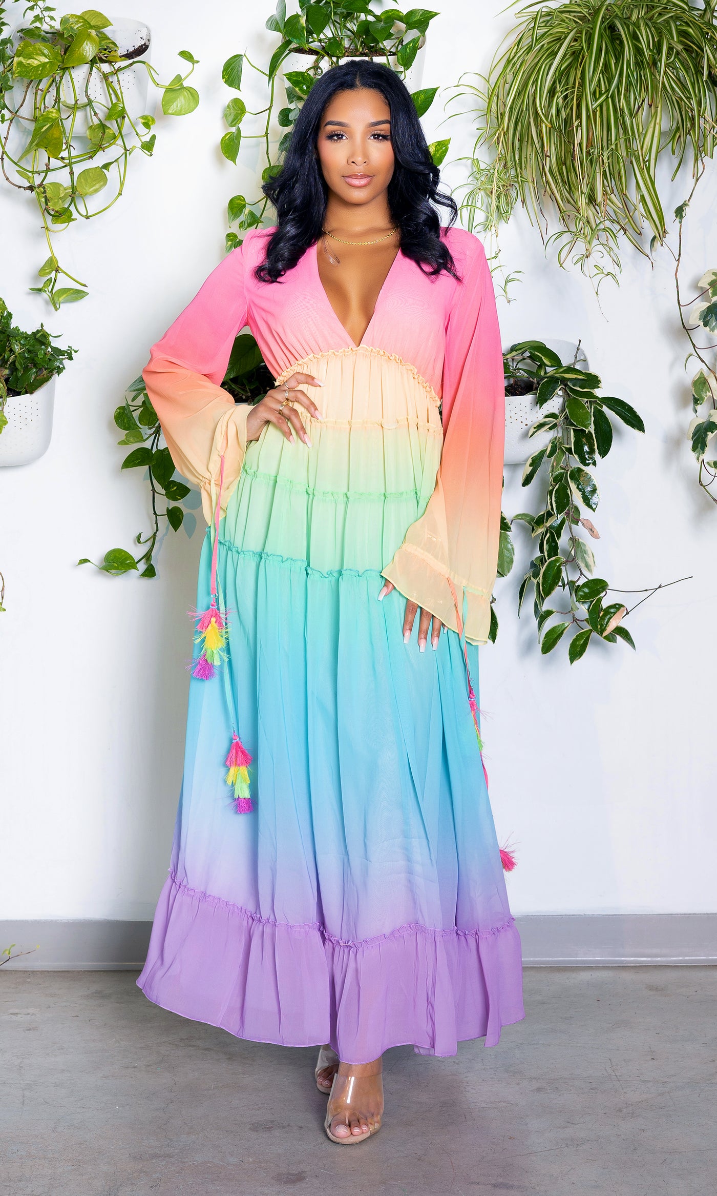 Alicia | Ruffle Ombre Maxi Dress  - Rainbow - Cutely Covered