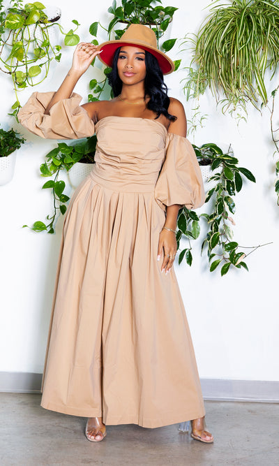 Wide Leg Off The Shoulder Jumpsuit | Tan - Cutely Covered