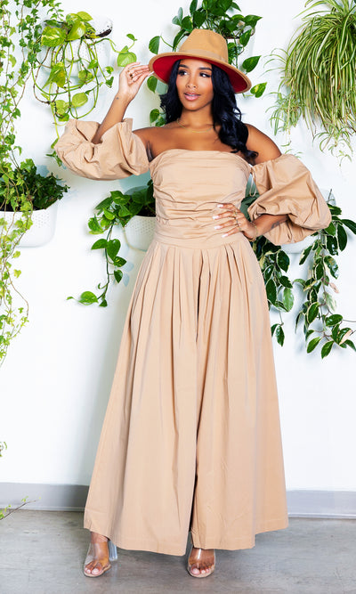 Wide Leg Off The Shoulder Jumpsuit | Tan - Cutely Covered