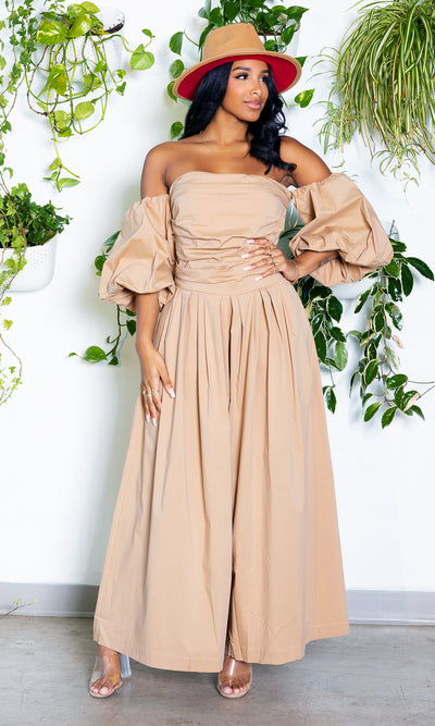 Wide Leg Off The Shoulder Jumpsuit | Tan - Cutely Covered