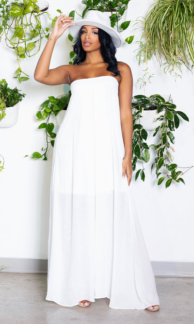 Fab and Simple Tube Lace Trim Maxi  Dress - White - Cutely Covered