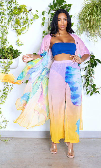 Rainbow Butterfly In Paradise | Kimono & Pants Set - Cutely Covered