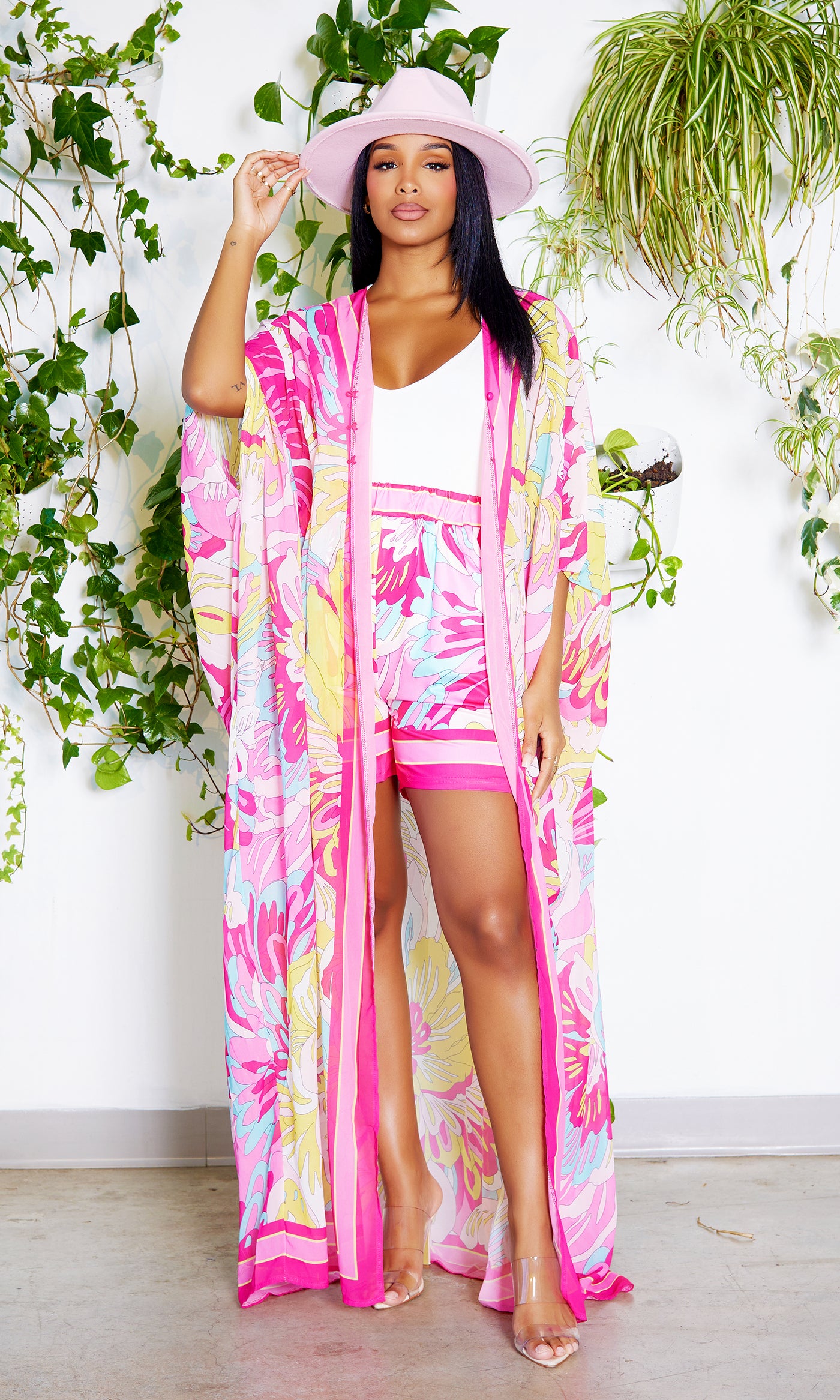 Cancun | Kimono Pants Set - Pink Print - Cutely Covered