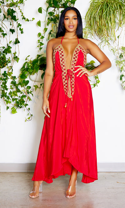 Beaded Flowy Dress - Red - Cutely Covered
