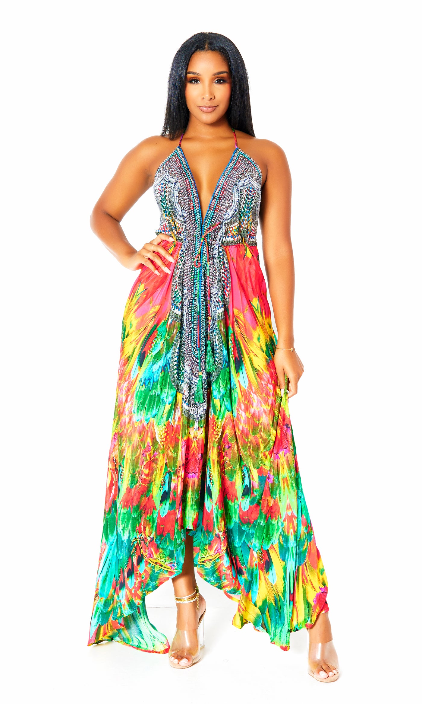 Macaw Viscose Silk Halter Dress - Cutely Covered