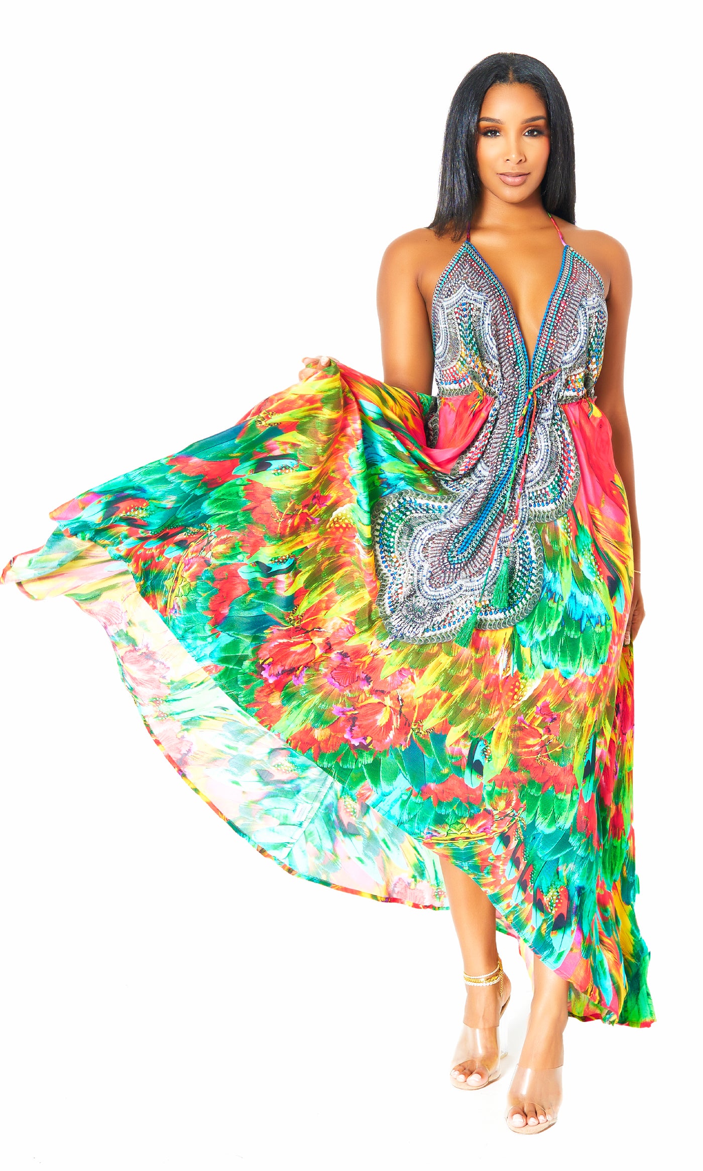 Macaw Viscose Silk Halter Dress - Cutely Covered