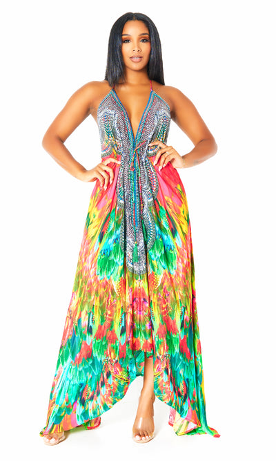 Macaw Viscose Silk Halter Dress - Cutely Covered