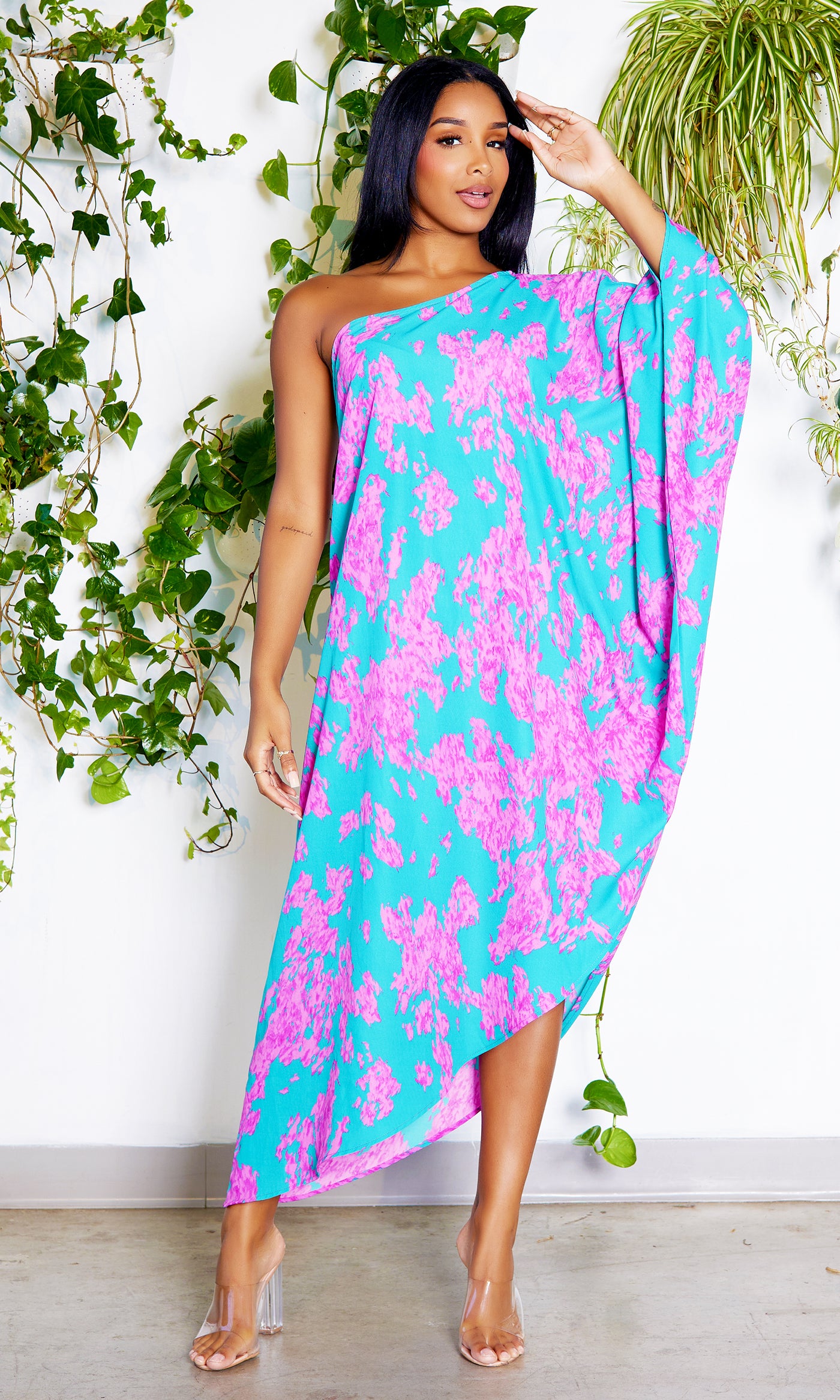 Asymmetrical One Sleeve Dress -Turquoise Print - Cutely Covered
