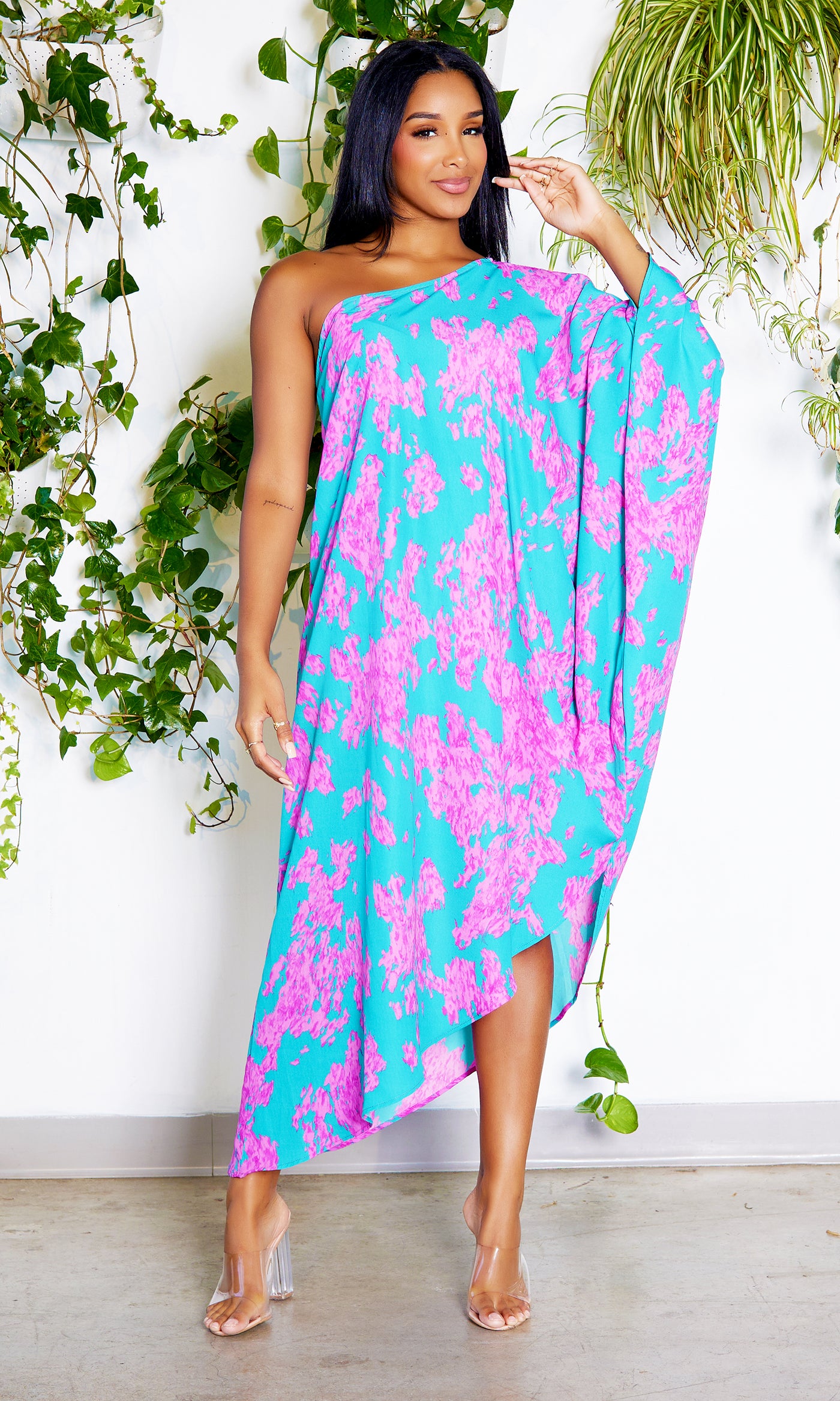 Asymmetrical One Sleeve Dress -Turquoise Print - Cutely Covered