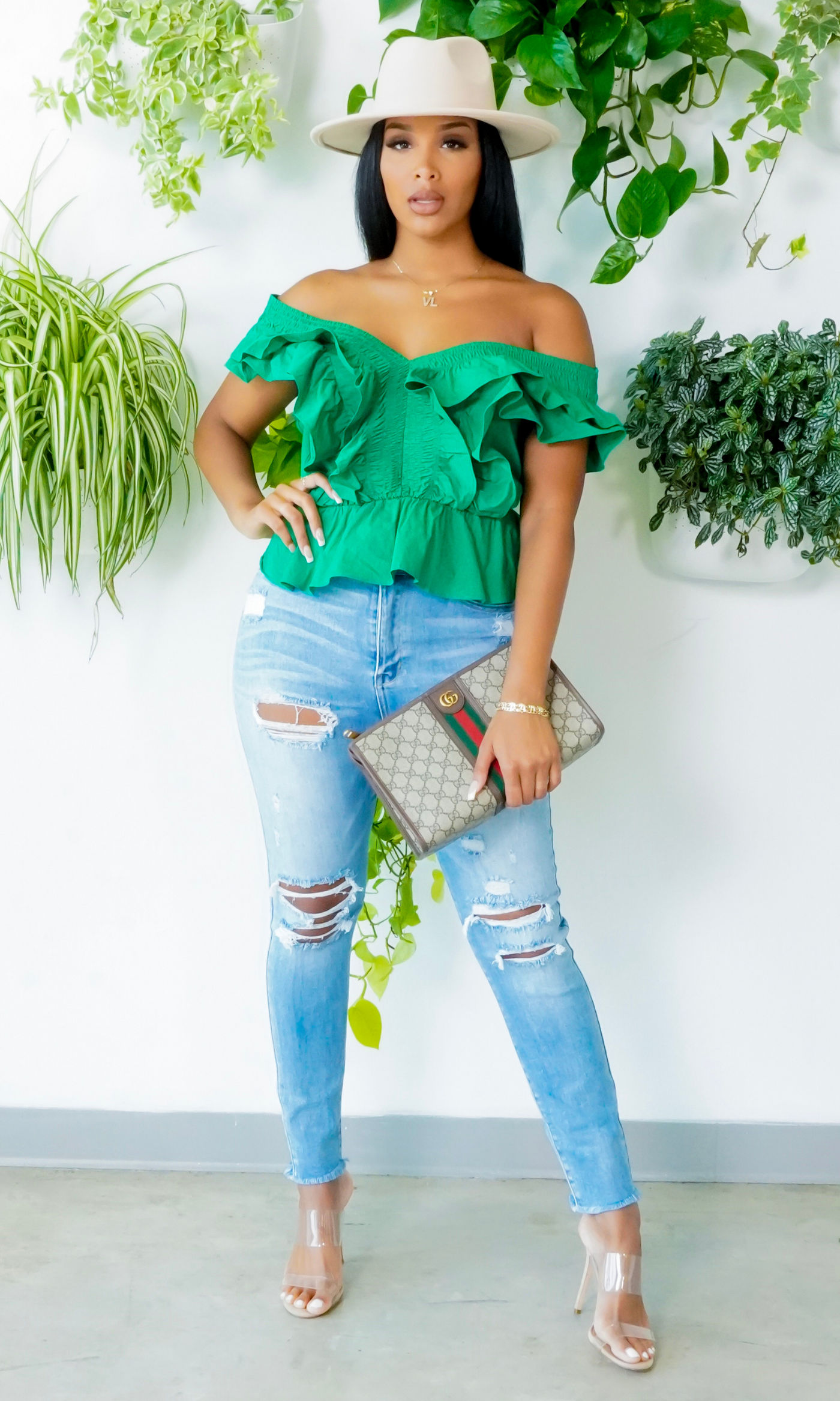 Emerald Green off the shoulder top - Cutely Covered