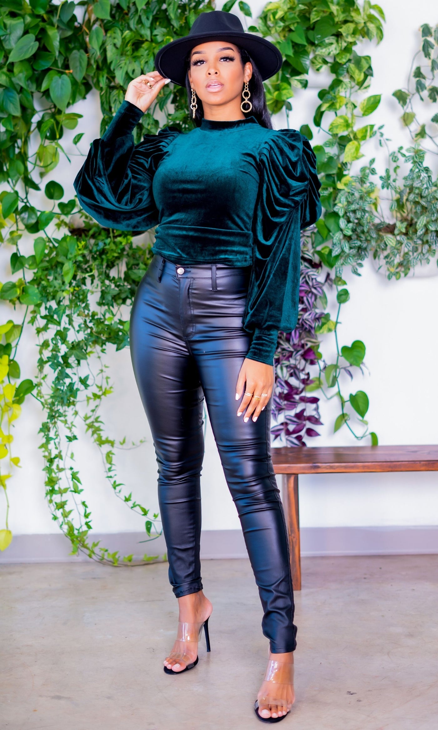Smooth Night Velvet Puff Sleeve Top - Forest Green - Cutely Covered