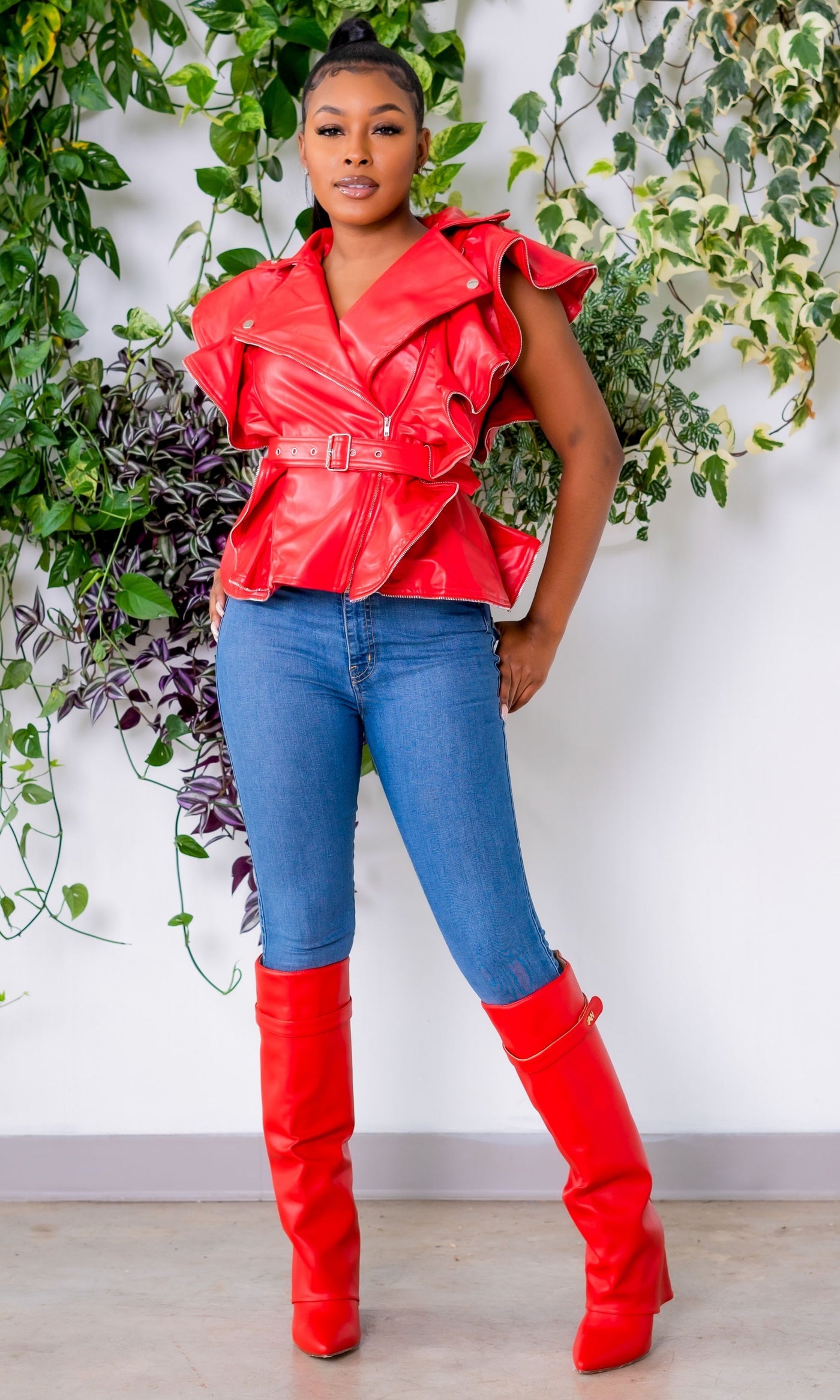 Going Live Sleeveless Vegan Leather Ruffle Jacket - Red - Cutely Covered